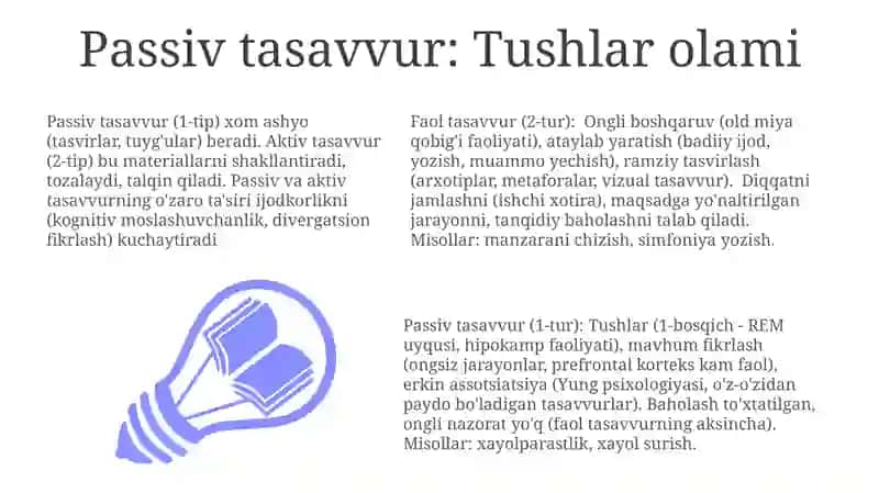 Abstraksiya tushunchasi; Xulosa va hukm; Aktiv va passiv xayol, xayol turlari 3