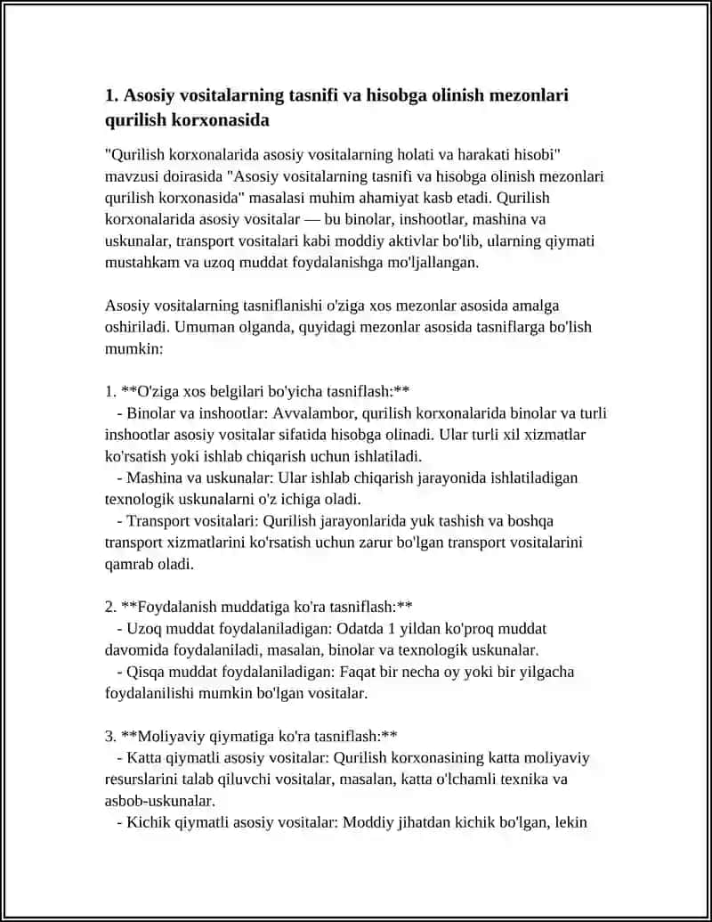 Asosiy vositalarning tasnifi va hisobga olinish mezonlari qurilish korxonasida 3
