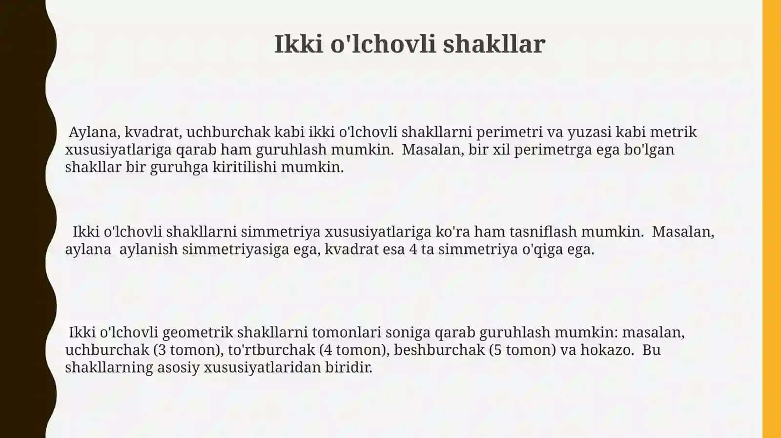 Geometrik figuralarni turli belgilar boʻyicha guruhlarga ajratish 3