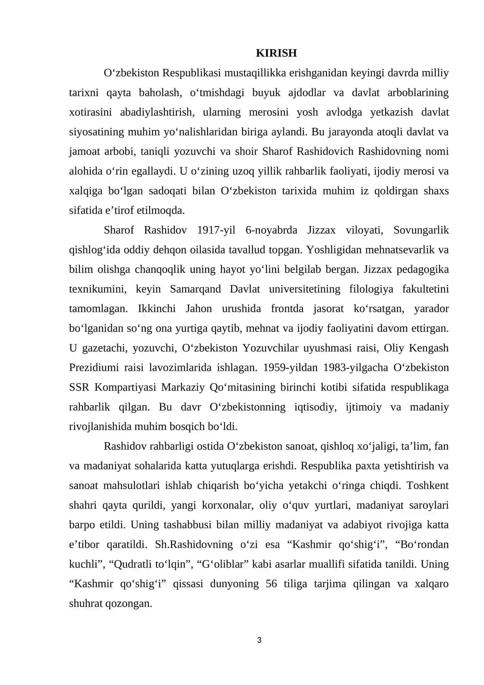 Mustaqillik yillarida O‘zbekistonda mashhur davlat arbobi Sh.Rashidovning nomini abadiylashtirish maqsadida amalga oshirilayotgan ishlar 3