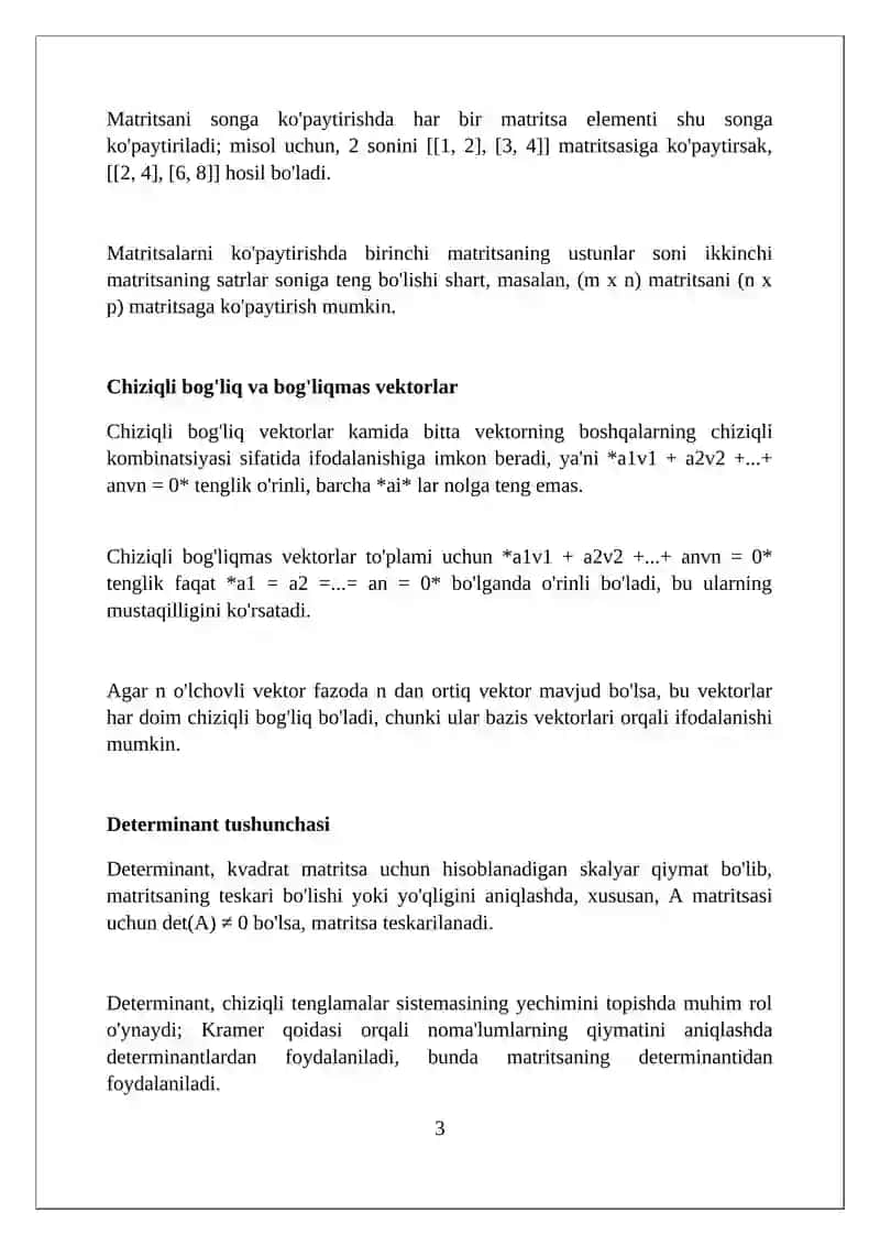 Matritsaning xossalari va yuqori tartibli determinantlar 3