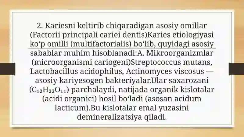 KAREISNI KELTIRIB CHIOARADIGAN OMILLAR. BOLALAR TISHI YUZASIDAGI YUMSHOC KARASHLAR 3