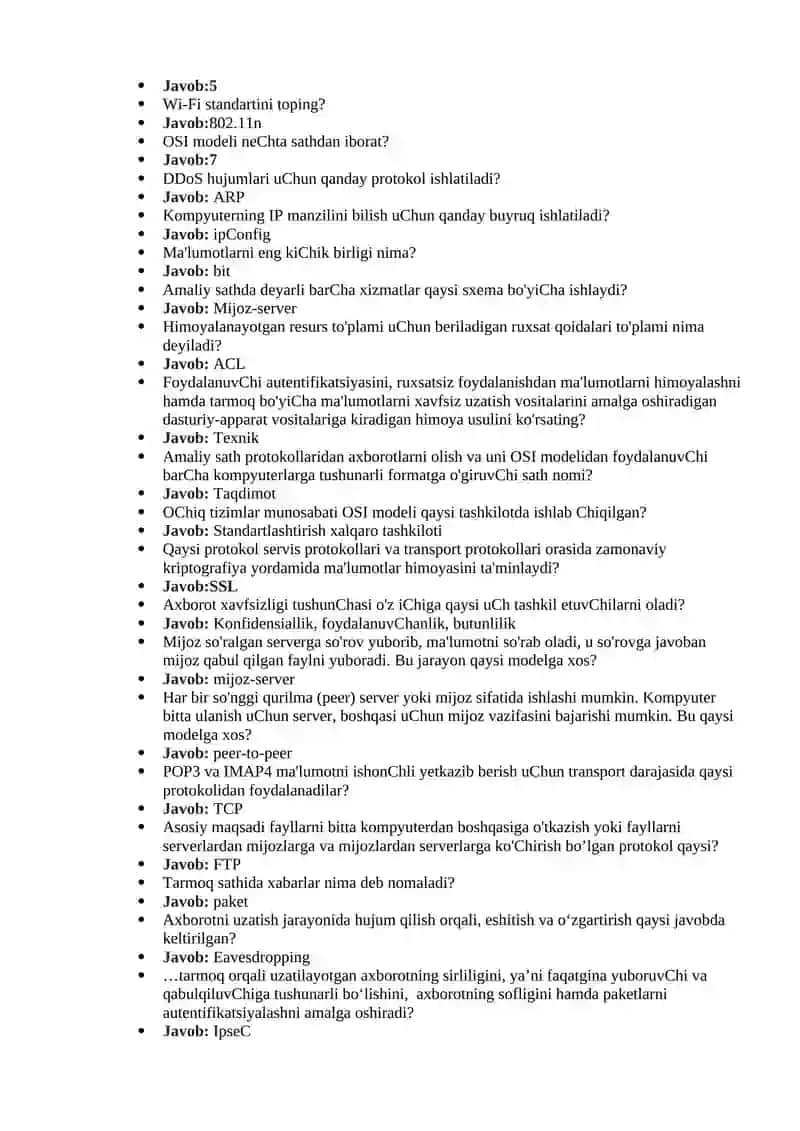 "Tarmoq xavfsizligi" fanidan testlar 3