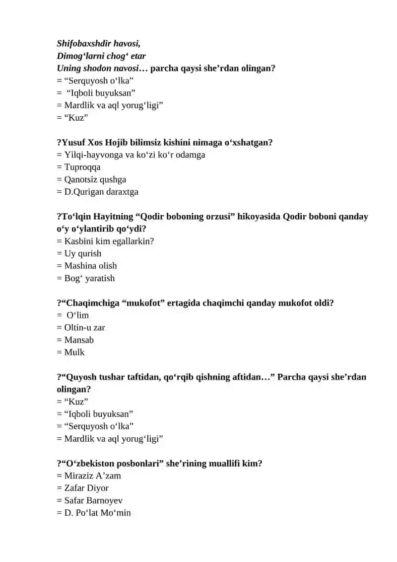 Ona tili va bolalar adabiyoti testlar 3