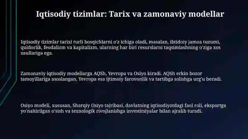 Iqtisodiy tizimlar. Iqtisodiy tizimning zamonaviy modellari (AQSH, Yevropa, Osiyo modeli) 3