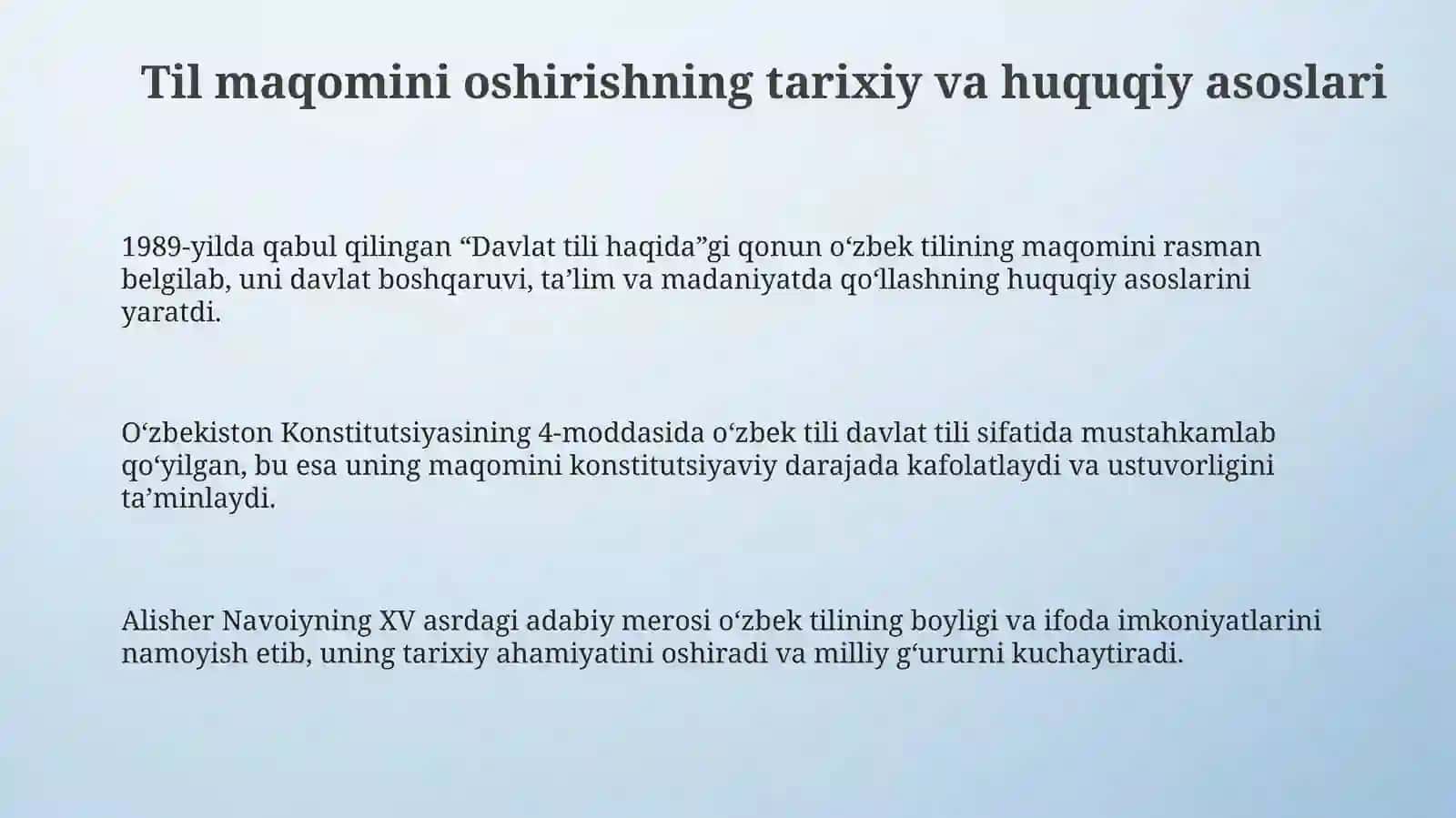O‘zbek tilining davlat tilisifatidagi nufoz va mavqe yini tubda nashirish 3