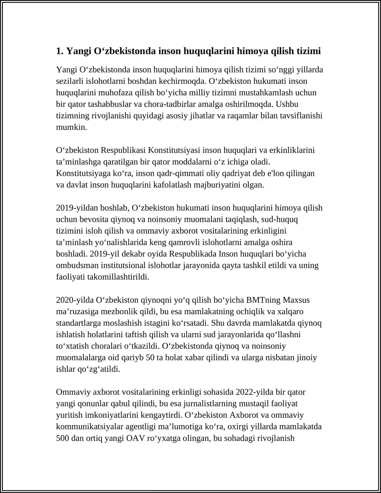 YANGI OʻZBEKISTONDA INSON HAQ-HUQUQLARI VA ERKINLIKLARI KAFOLATINING YARATILISHI 3