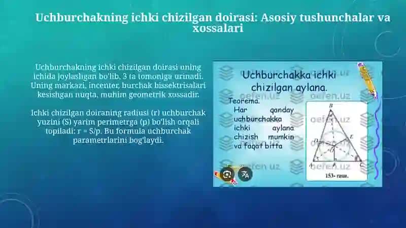 Uchburchakka ichki va tashqi chizilgan aylanalarga oid misollar yechish 3