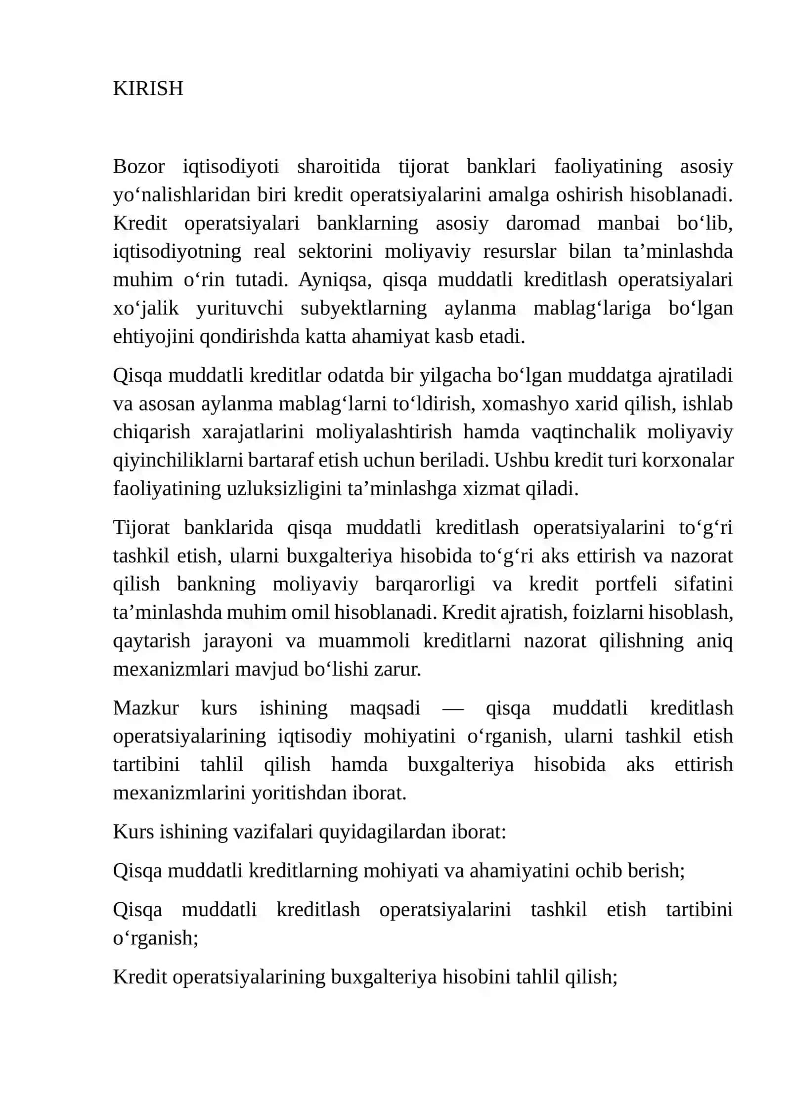 QISQA MUDDATLI KREDITLASH OPERATSIYALARI VA ULAR HISOBINING TASHKIL ETILISHI 3
