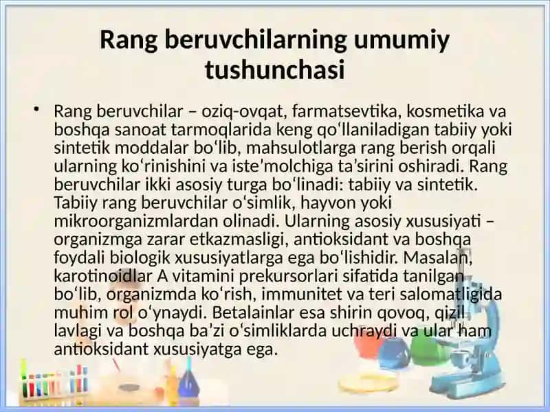 Tabiiy rang beruvchilar (karotinoidlar va betalain) sentetik ranglar bilan taqqoslanishi. 3