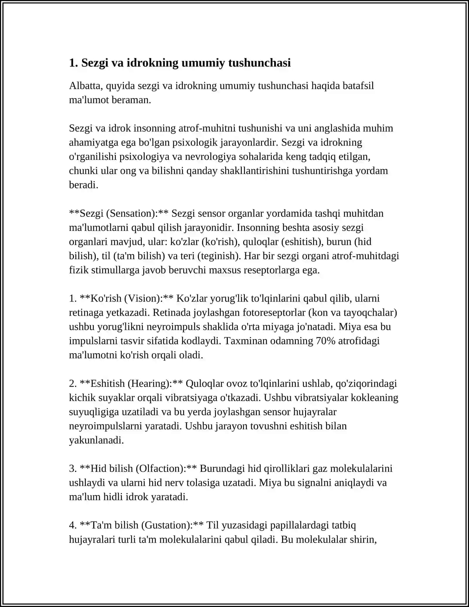 SEZGI VA IDROKNING PSIXOLOGIK MOHIYATI, FIZIOLOGIYASI 3
