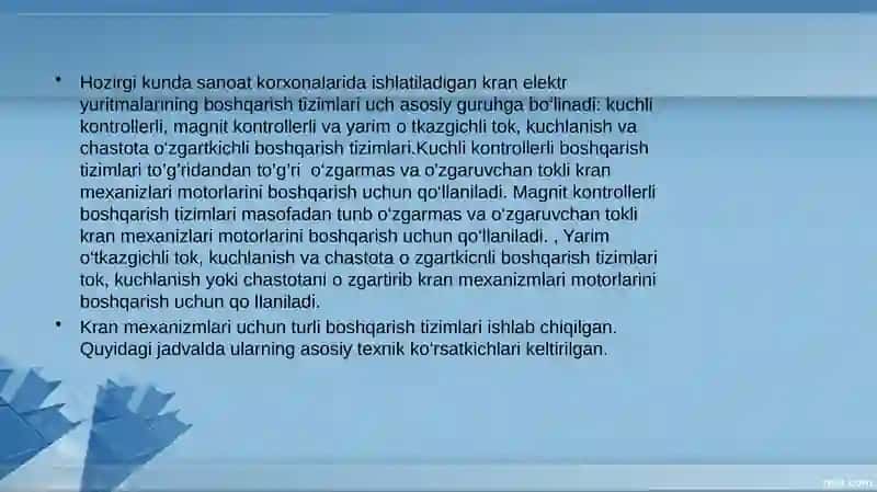 Kranlarni ishlatishda elektr energiya tejamkorligiga erishish 3