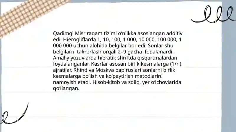 Matematika fanining rivojlanishida turli xalqlarning qadimgi Misr, Hindiston, Xitoy xalqlarining matematikadagi roʻli 3