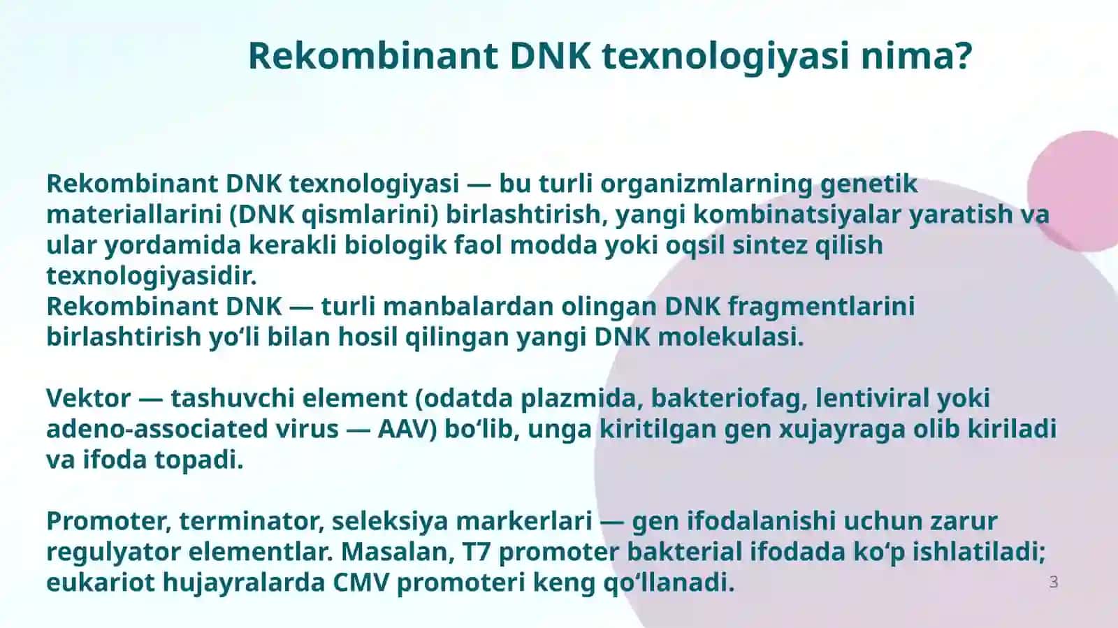 Mavzu:Tibbiyotda DNK rekombinantlarni qo'llanilishi. Viruslarga va o'smalarga qarshi dori vositalarning ta'sir mexanizmi (DNK, RNK fermentlariga nisbatan)PZR- tashxisTopshirdi 3
