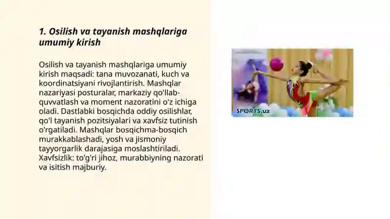 Gimnastika. Osilish va tayanish mashqlarini oʻrgatish seriyasi 3