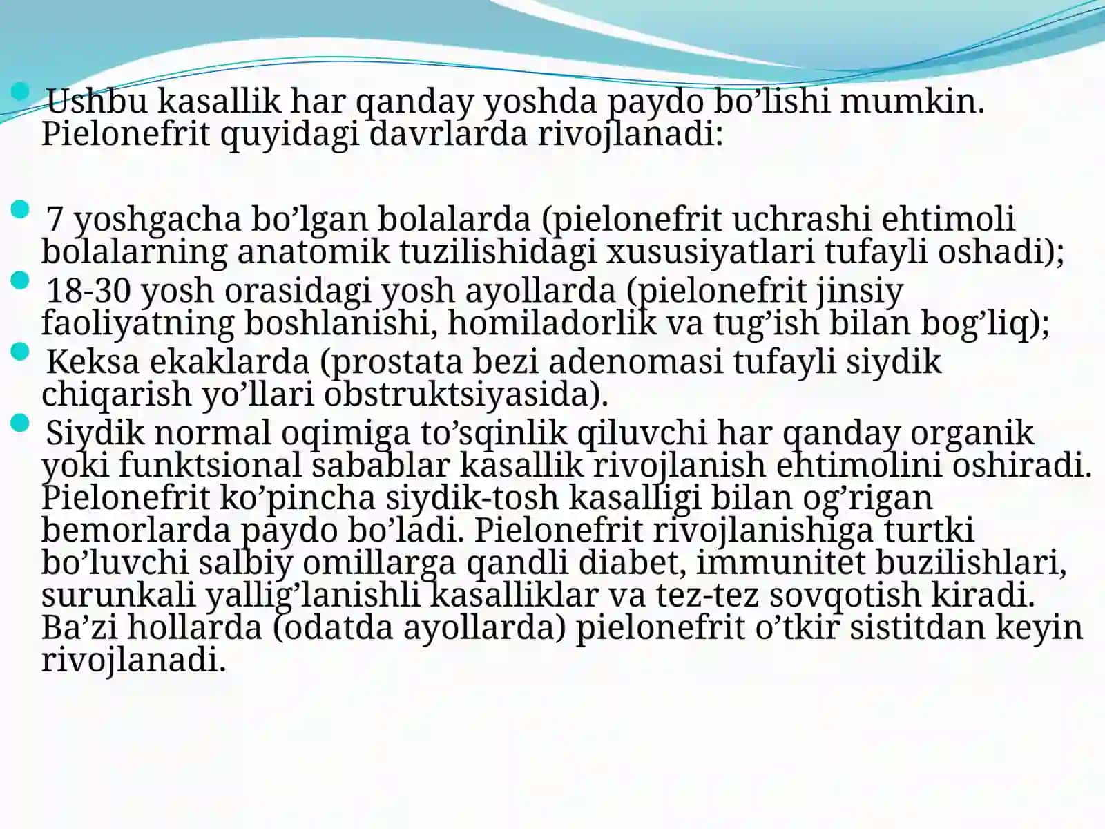 O`tkir va surunkali piyelonefrit. Simptomlari, asoratlari va davolash yo`llari 3