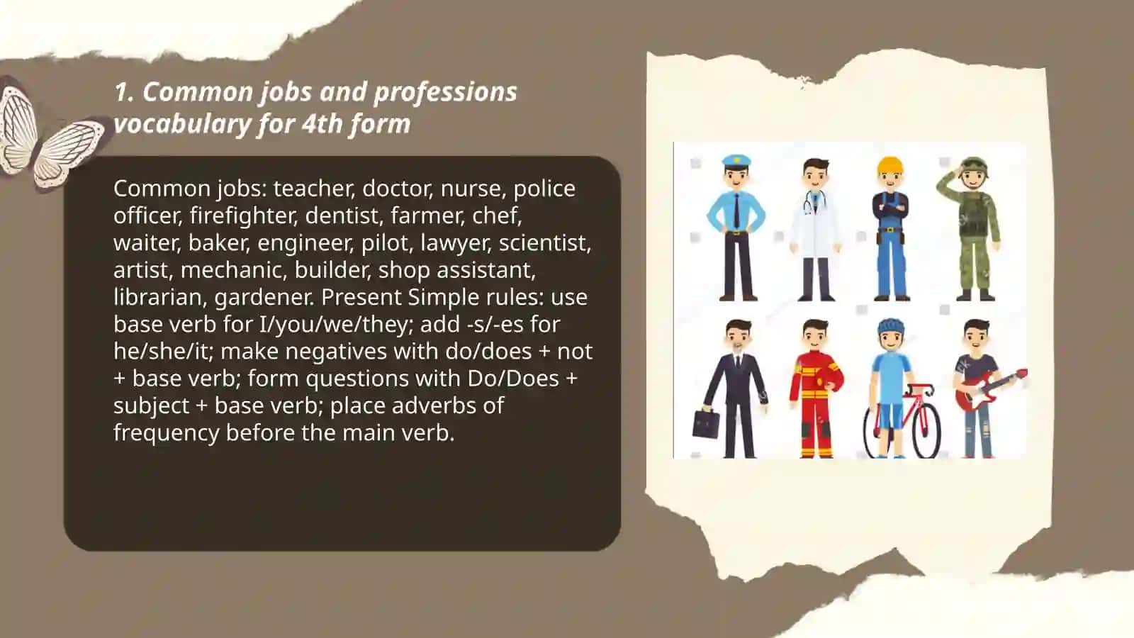 Jobs and professions for 4th form with grammar rules about present simple 3