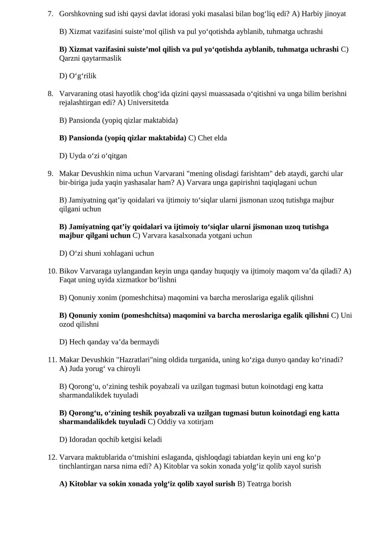 FYODER DOSTEVESKIY "Kambagʻallar" romani boʻyicha TEST 3