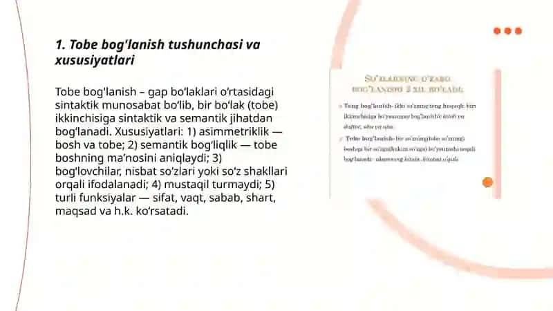 Tobe bog 'lanish va gap bo’laklari o’rtasidagi sintaktik munosabatlar 3