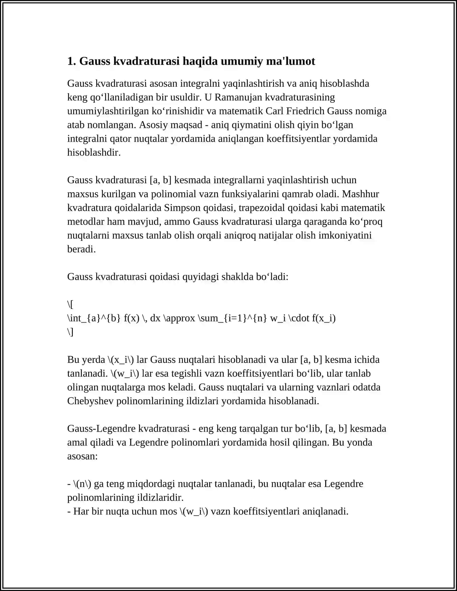 INTEGRALLARNI TAQRIBIY HISOBLASHDA GAUSS FORMULALARI. GʻOYASI VA XATOLIK TARTIBI. SAMARADORLIGI 3