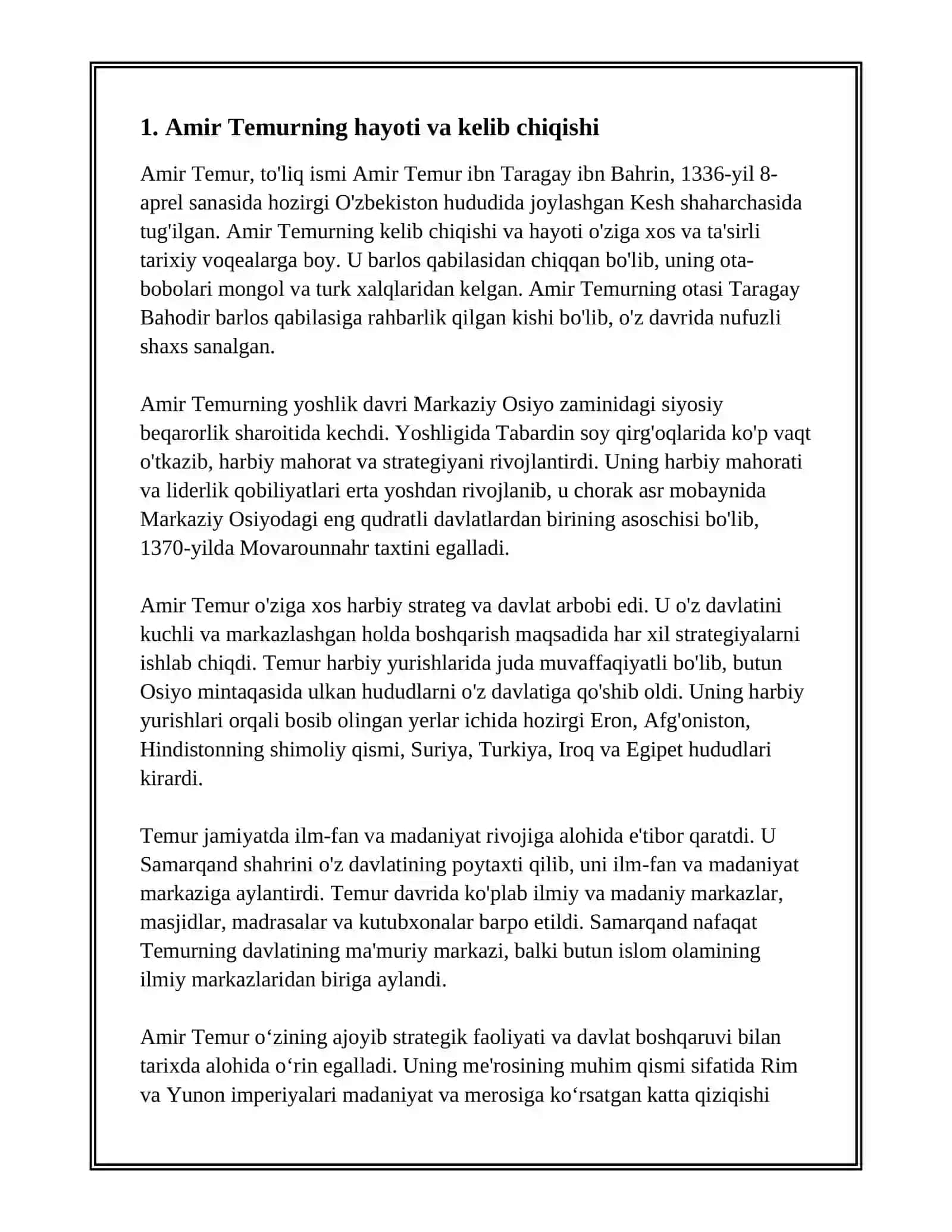 AMIR TEMUR O'RTA ASRNING YIRIK DAVLAT ARBOBI, BUYUK SARKARDA, KUCHLI, MARKAZLASHGAN DAVLAT ASOSCHISI 3