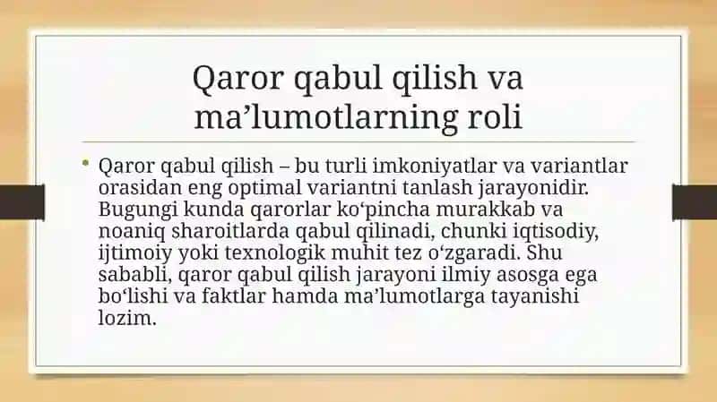 Ma’lumotlar asosida qaror qabul qilish algoritmini ishlab chiqish (ehtimoliy modellar asosida) 3