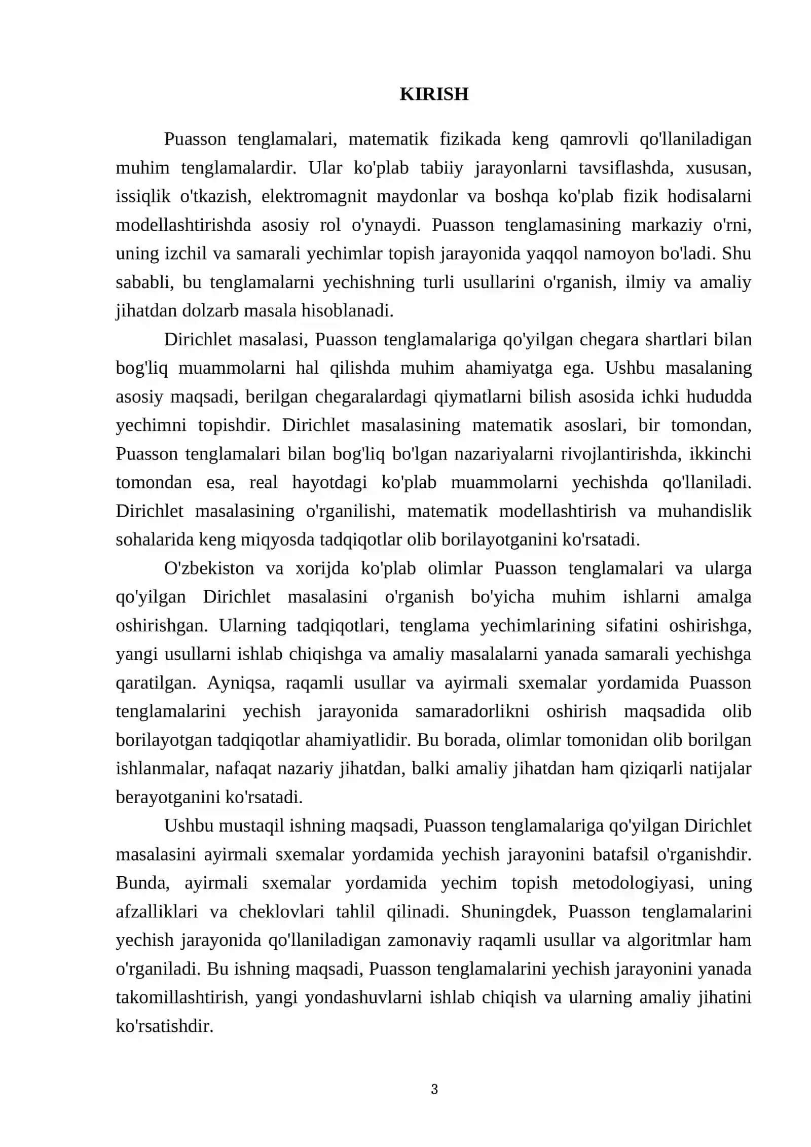Puasson tenglamalariga qoʻyilgan Dirixli masalasi uchun ayirmali sxemasi 3