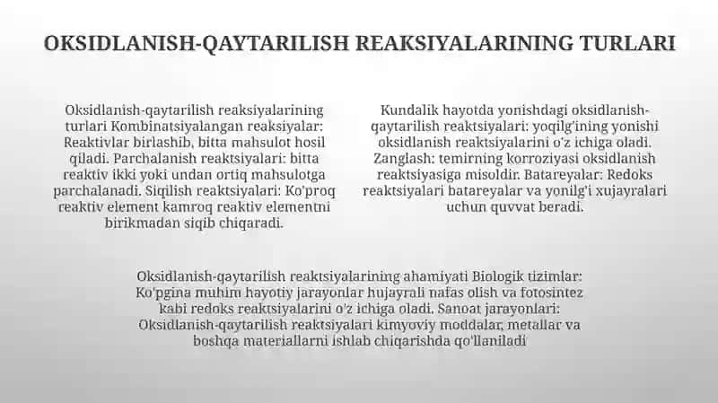 Oksidlanish Qaytarilish Reaksiyalarining Turlari Va Ahamiyati 3