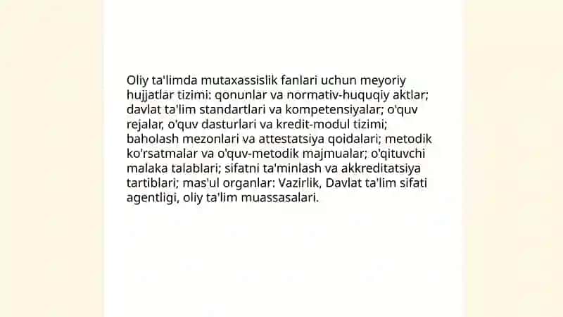 Oliy ta’limda mutaxassislik fanlarini o‘qitish metodikasida meyoriy hujjatlar 3