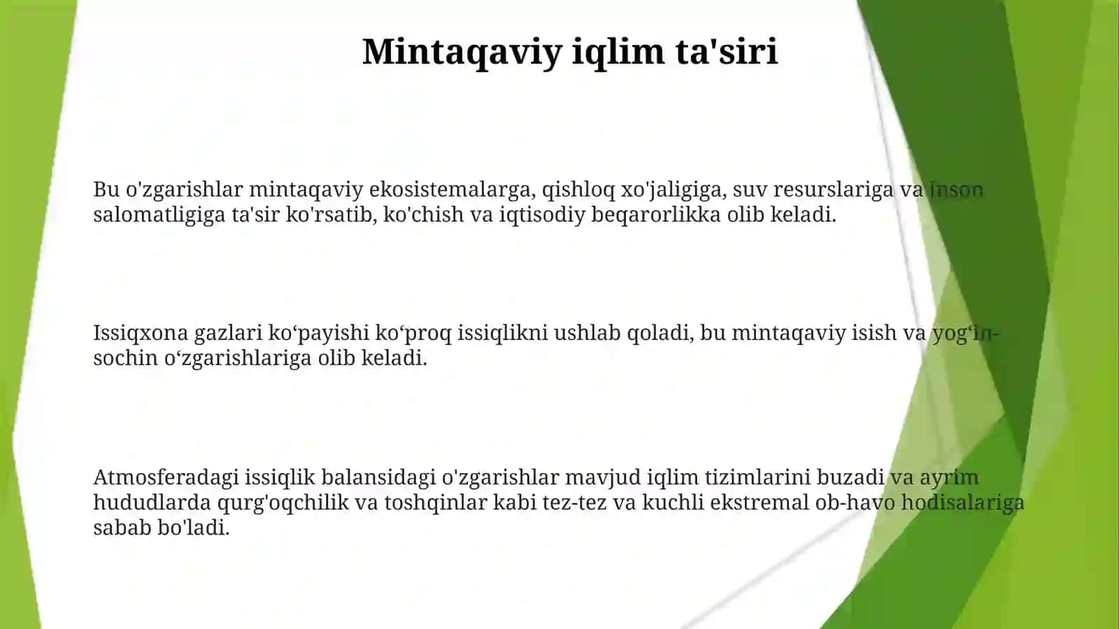 Atmosferadagi issiqlik muvozanati o'zgarishining sayyorai iqlimiga ta'siri. Issiqxona effekti tayyorlash 3