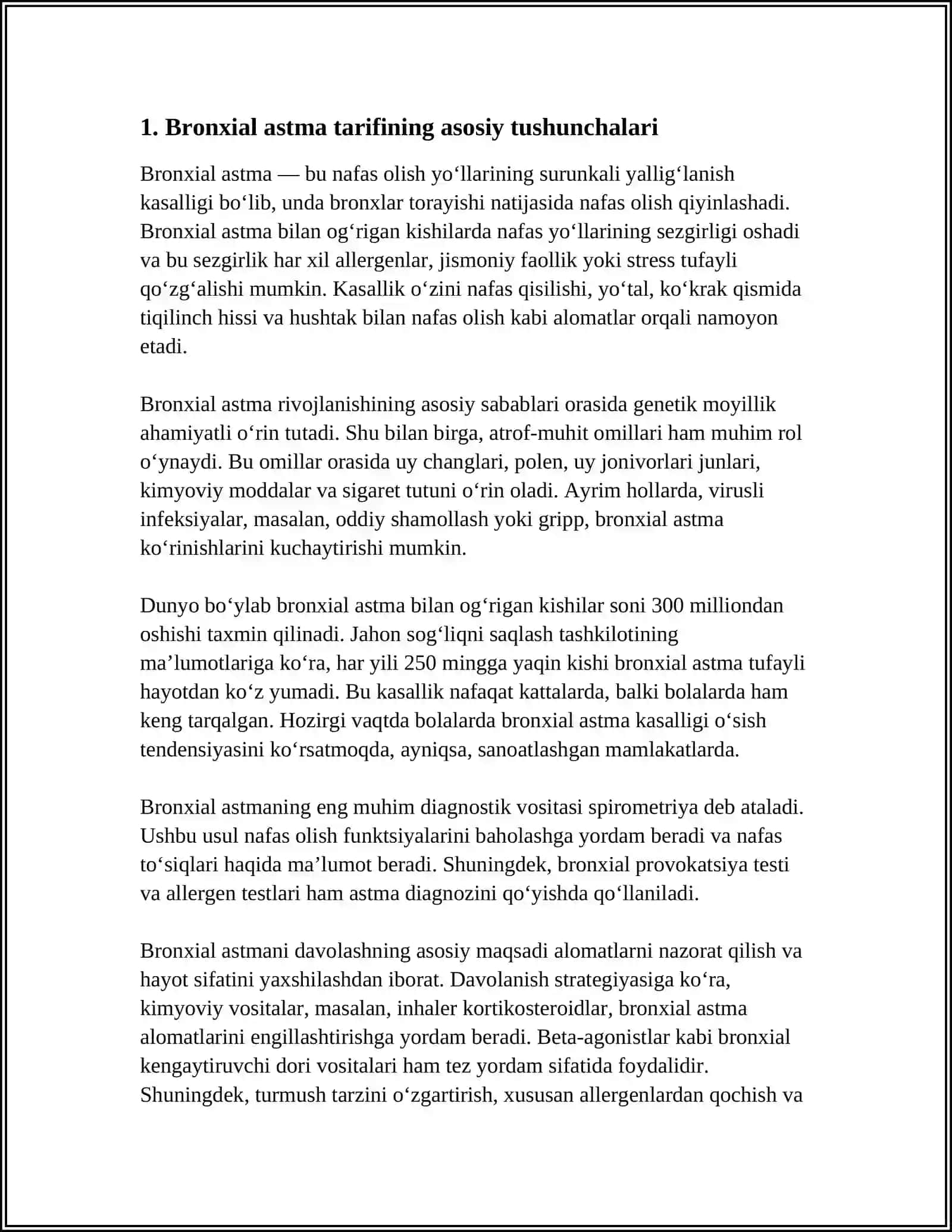 BRONXIAL ASTMA TARIFI, ETIOPATOGENEZI, KLINIKASI, DIAGNOSTIKA. DAVOLASHDA ISHLATILADIGAN GURUH DORILAR. PIKFLOUMETRIYA 3