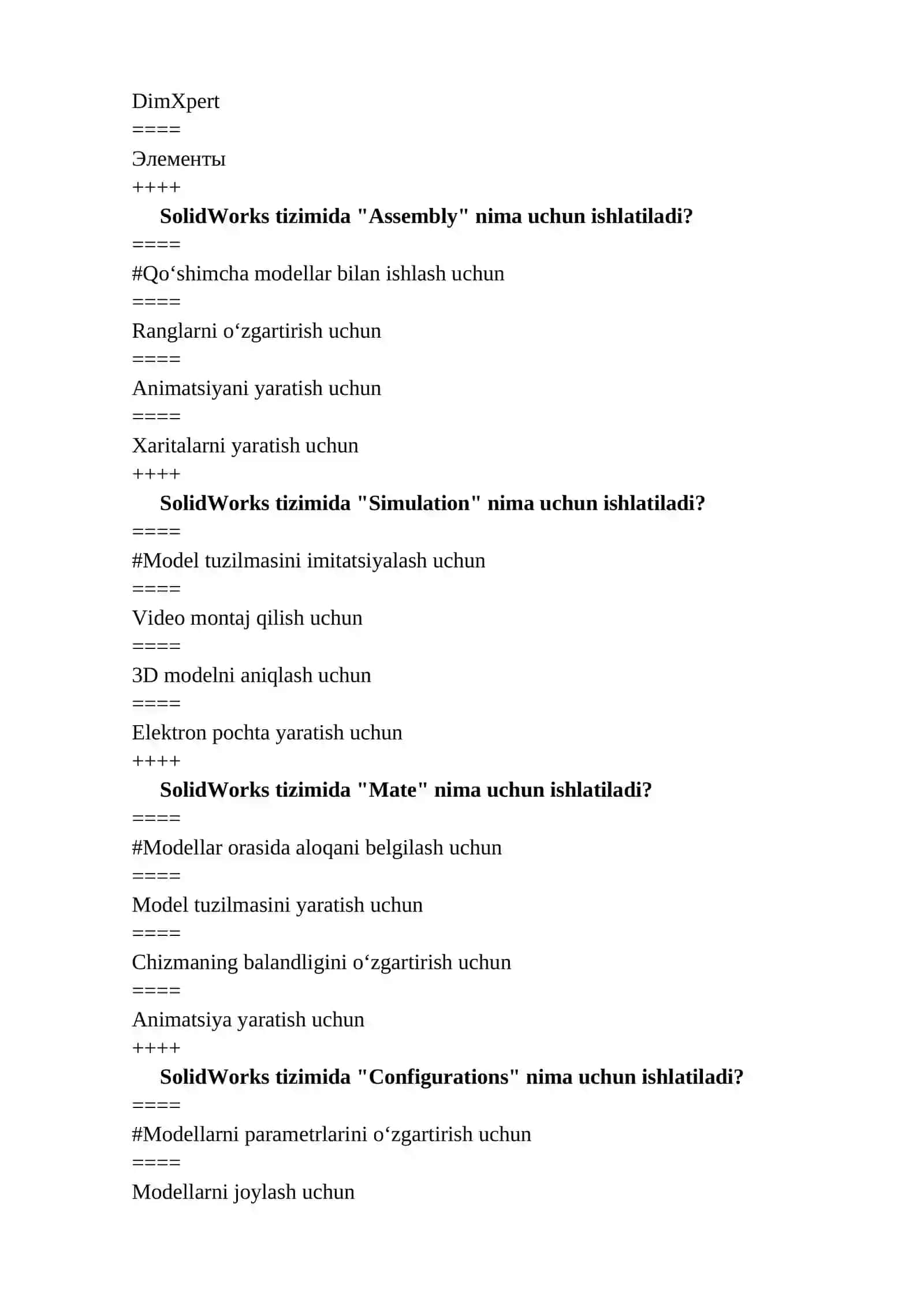 YENGIL SANOAT JIHOZLARINI MODELLASHTIRISH VA LOYIHALASH testlar 3