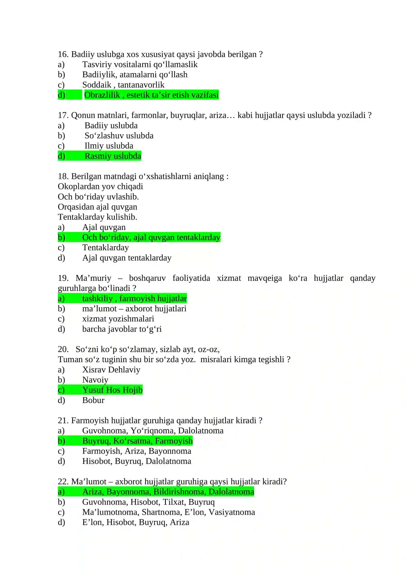 O‘ZBEK TILI FANIDAN TEST SAVOLLARI 3