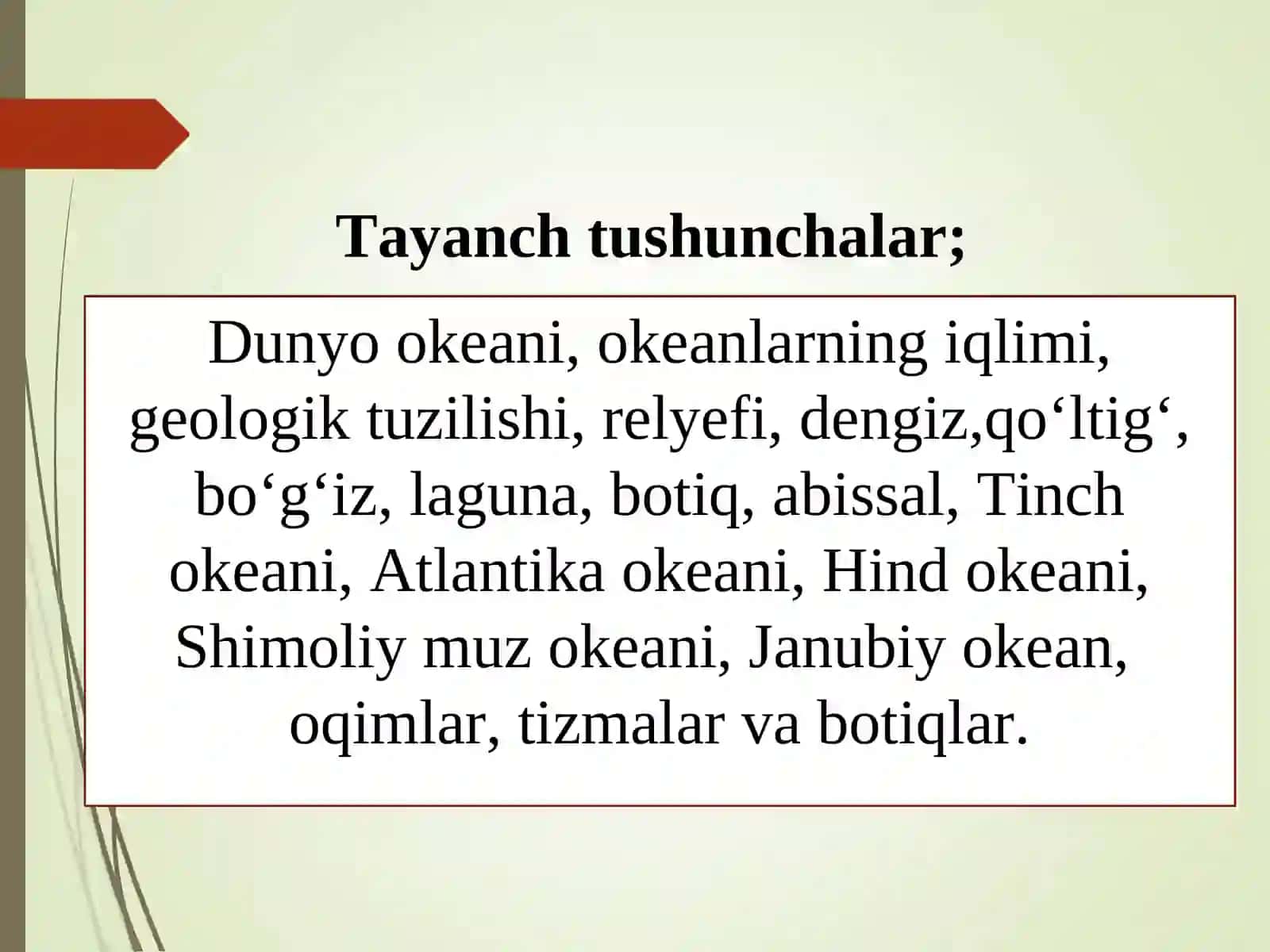 Okeanlar tabiiy geografiyasi. Dunyo okeani yagona tabiiy obyekt sifatida. Dunyo okeani relyefi va tub choʻkindi jinslari. Dunyo okeani tabiatining asosiy xususiyatlari. Dunyo okeanining regional birliklariga umumiy tabiiy geografik tavsif: Tinch okeani, Hind, Atlantika, Shimoliy Muz 3