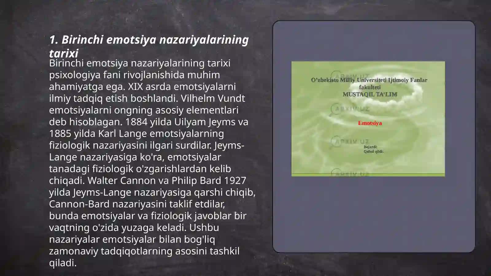 Birinchi emotsiya nazariyalari mavzusi 3