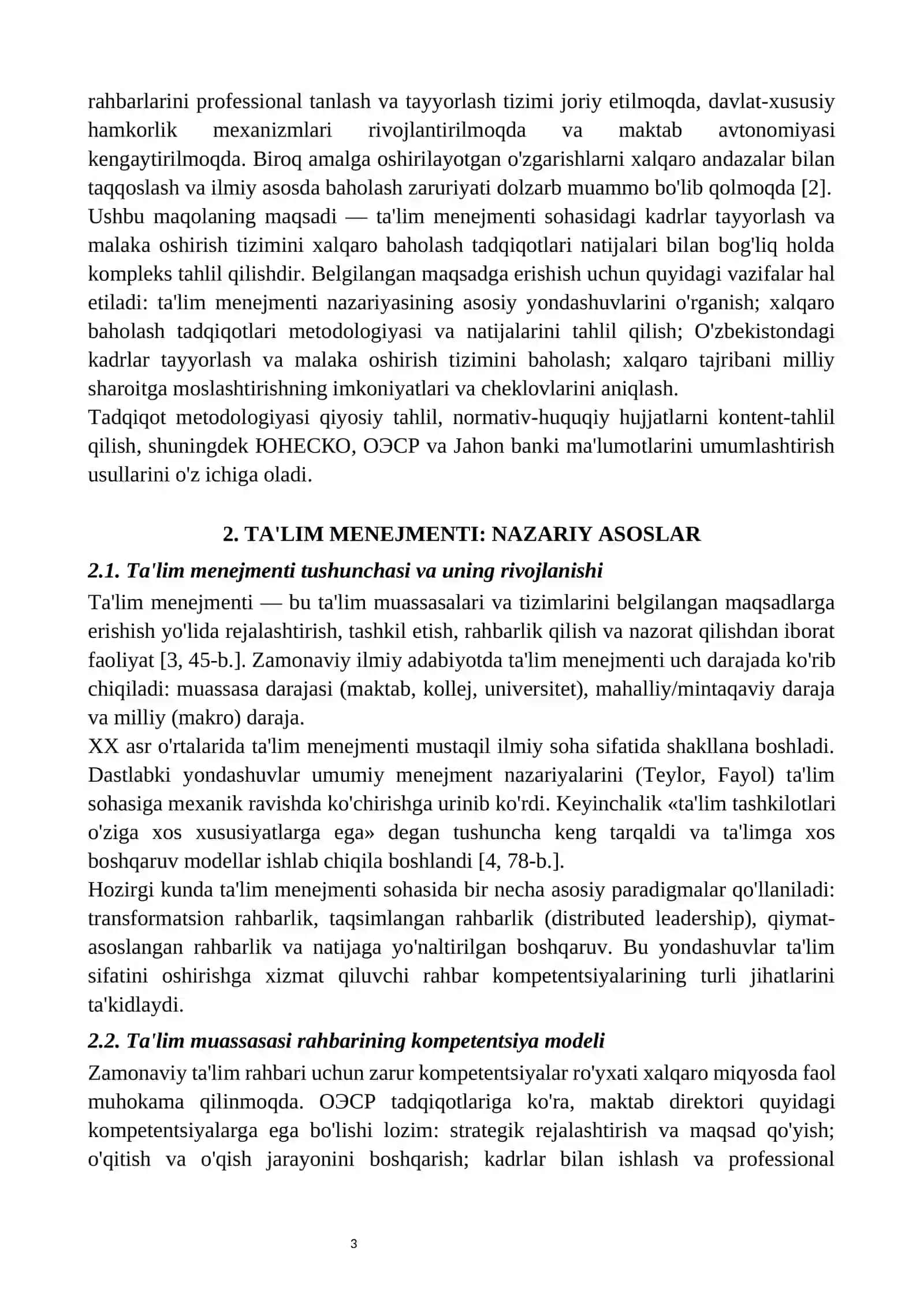 TA'LIM MENEJMENTI VA BOSHQARUVI: KADRLAR TAYYORLASH, MALAKA OSHIRISH, XALQARO BAHOLASH TADQIQOTLARI 3