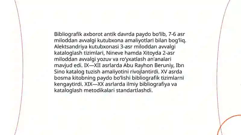 Bibliografik axborotning paydo bolishi va rivojlanishining asosiy yonalishlari Saidov Suhrob 3