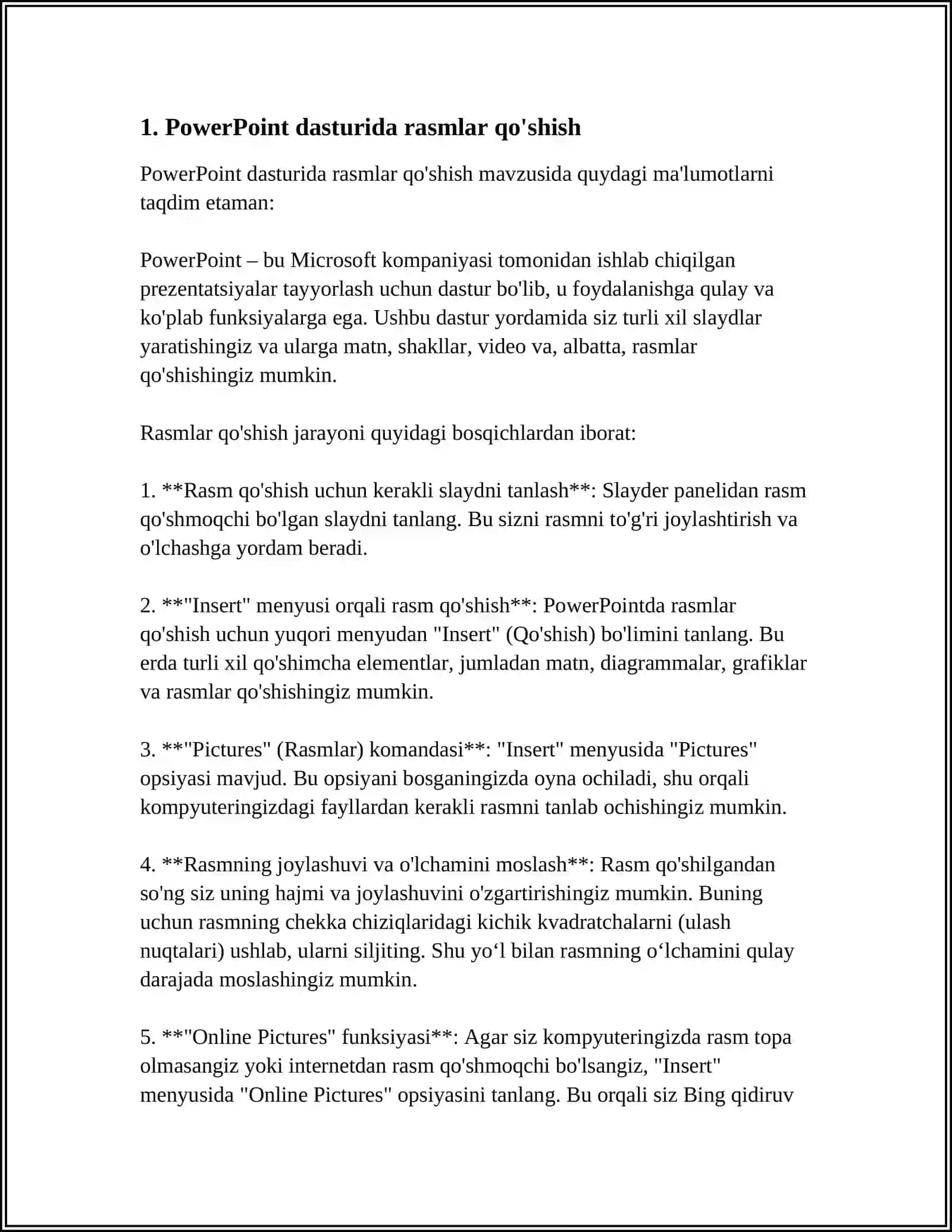 POWER POINT DASTURIDA RASMLAR JADVALLAR VA DIAGRAMMALAR BILAN ISHLASH 3