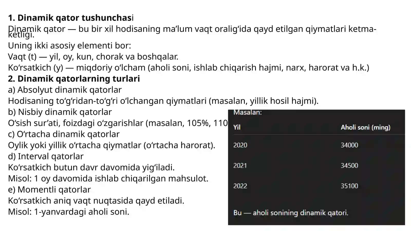 Dinamik qatorlar va ularning o'rganilayotgan xodisalarga baho berishdagi axamiyati 3