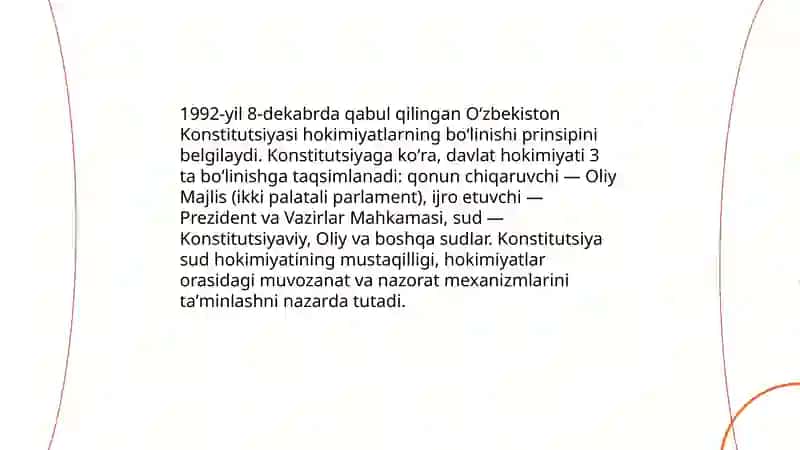 Oʻzbekistonda milliy boshqaruv tizimi. Hokimiyatlarning boʻlinishi prinsipi 3