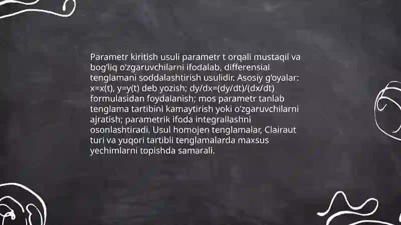 Parametr kiritish yo‘li bilan differensial tenglamalarni integrallash 3