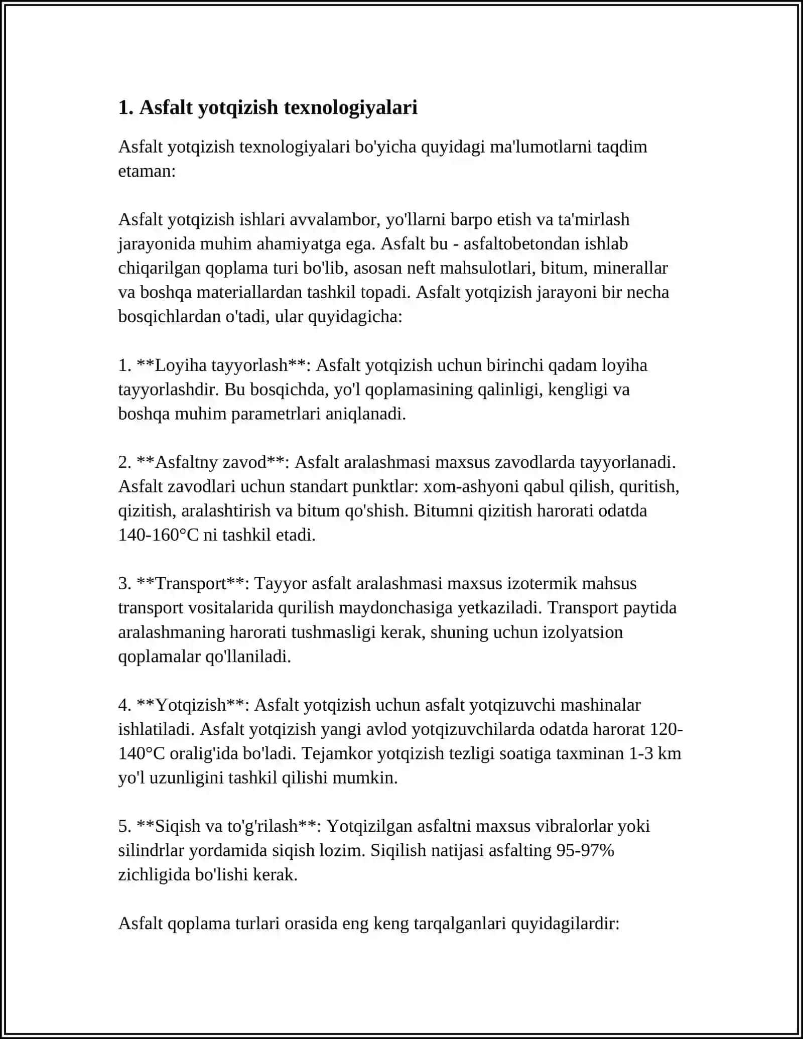 AVTOMOBIL YOʻLLARINI QURISH, REKONSTRUKSIYA QILISH, TAʼMIRLASH, SAQLASH ISHLARI 3