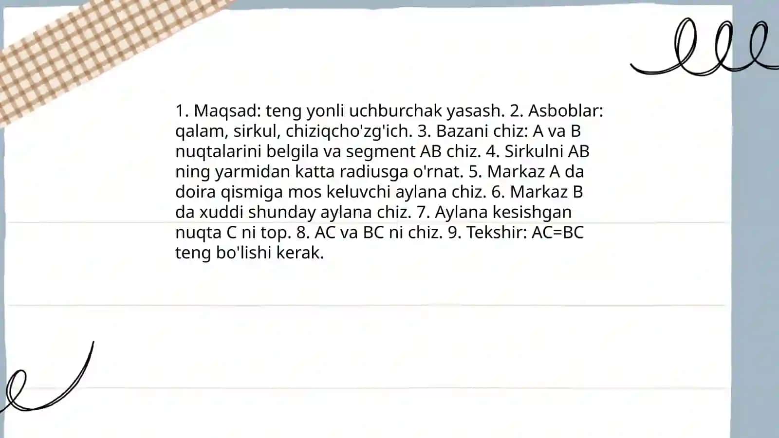 Teng yonli uchburchak yasash (sirkul bilan) 3