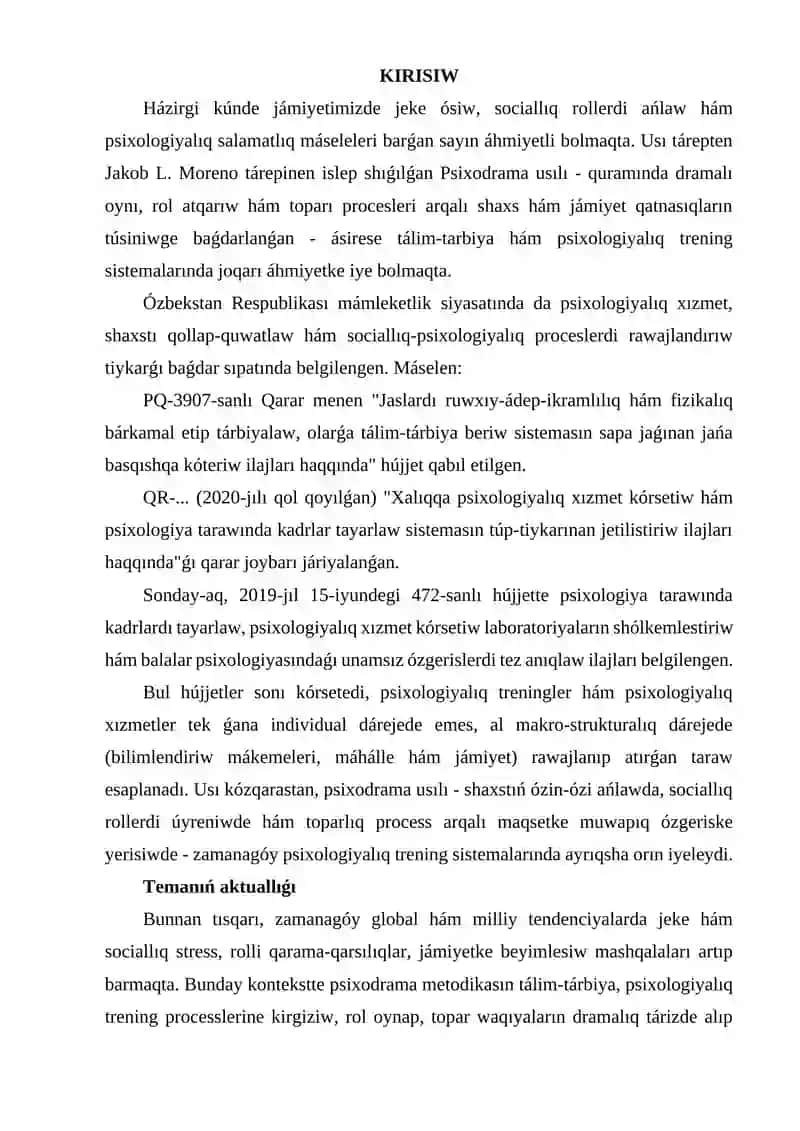 Psixodramma Ya.Moreno jeke ósiw hám sociallıq róllerdi ańlaw usılı sıpatında 3
