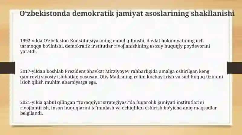 Oʻzbekiston demokratik, jamiyati asoslarining shakllanishi, amalga oshirilgan siyosiy islohotlar 3