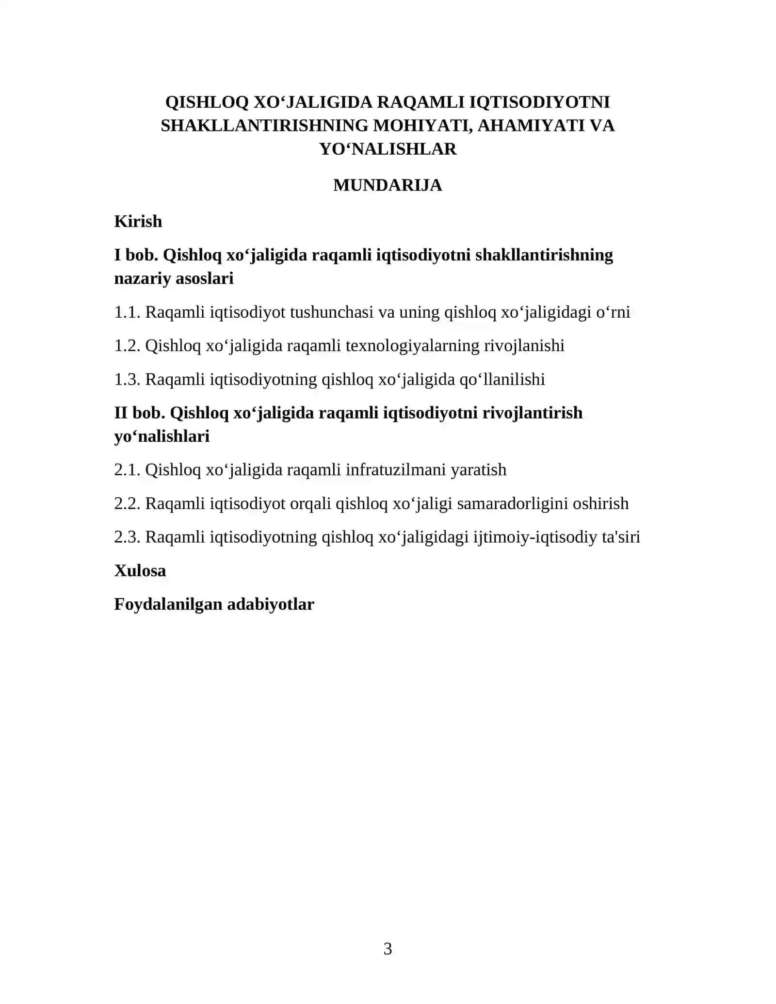 QISHLOQ XO'JALIGI IQTISODIYOTI FANIDAN TAYYORLAGAN KURS ISHI 3