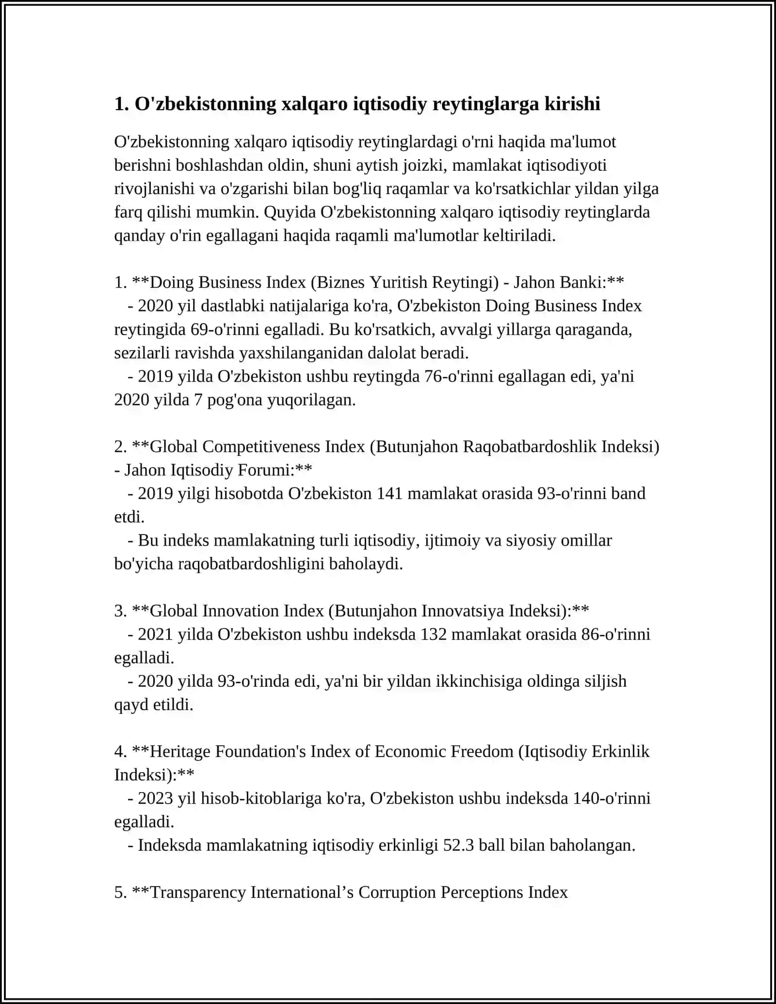 IQTISODIY VA IJTIMOIY SOHADAGI USTUVOR XALQARO REYTINGLAR VA ULARGA OʻZBEKISTONNING INTEGRATSIYALASHUVI 3