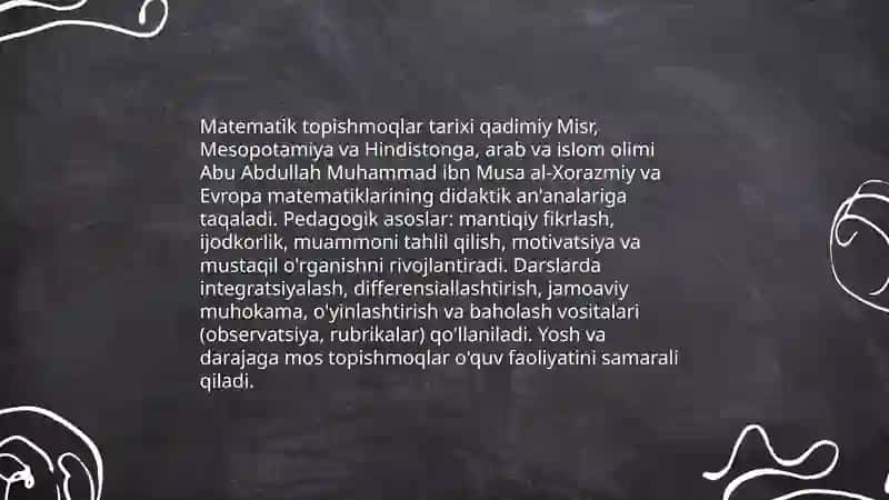 Matematik topishmoqlarni o'rganish. Matematik ertaklar. Matematikadan devoriy gazetalar. Matematik o'n minutliklar. Matematik kecha ssenariylar tuzish. Sehrli kvadratlar tuzish ularni tadbiqini yaratish. Matematik boshqotirmalar yaratish 3