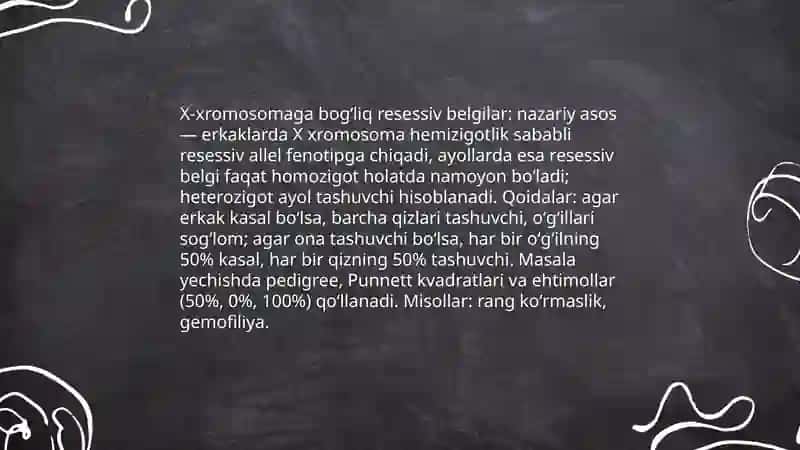 Belgilarning jinsga bogʻliq holda irsiylanishiga doir masalalar yechish va jins tiplarini farqlash 3