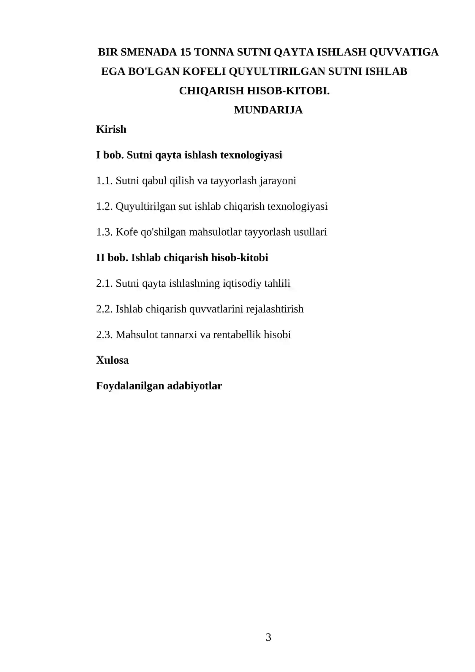 BIR SMENADA 15 TONNA SUTNI QAYTA ISHLASH QUVVATIGA EGA BO'LGAN KOFELI QUYULTIRILGAN SUTNI ISHLAB CHIQARISH HISOB-KITOBI 3